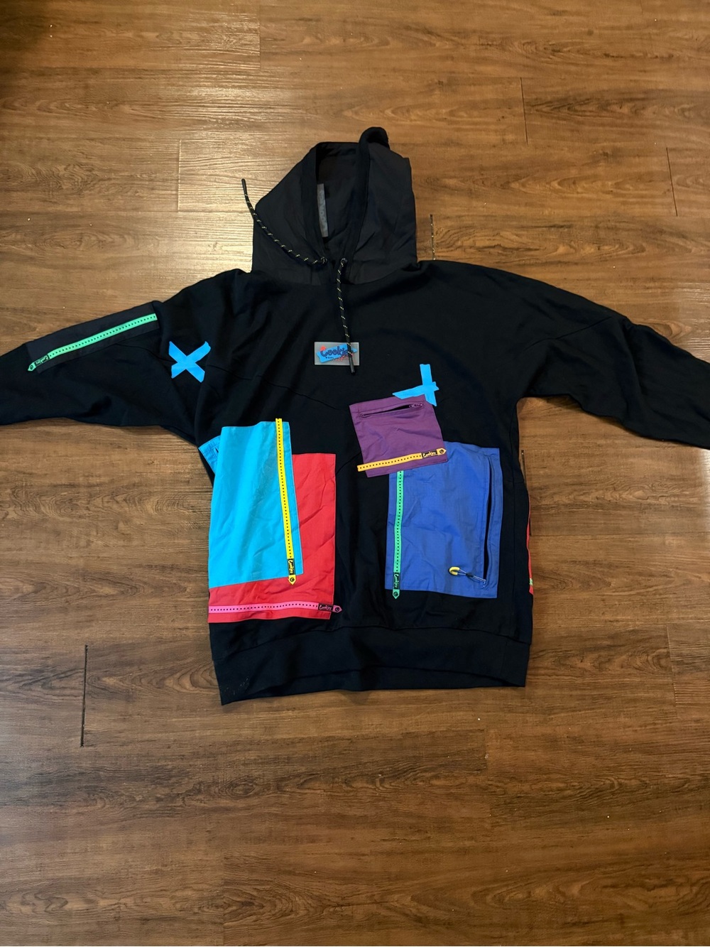 Men's Black Hoodie with Colorblock Utility Pockets